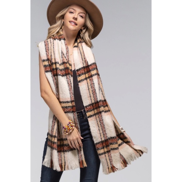 SOLD OUT Ivory Vanilla Latte Plaid Warm Knit Fringe Hem Casual Fall Winter Scarf - Picture 3 of 6